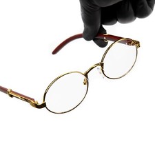 Vintage Men's Hip Hop Round Gold Frame Clear Lens Woodgrain Retro Glasses