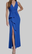 Eliza J Women's Blue V-Neck Cascading-Ruffle Side-Slit Gown Dress Size 12