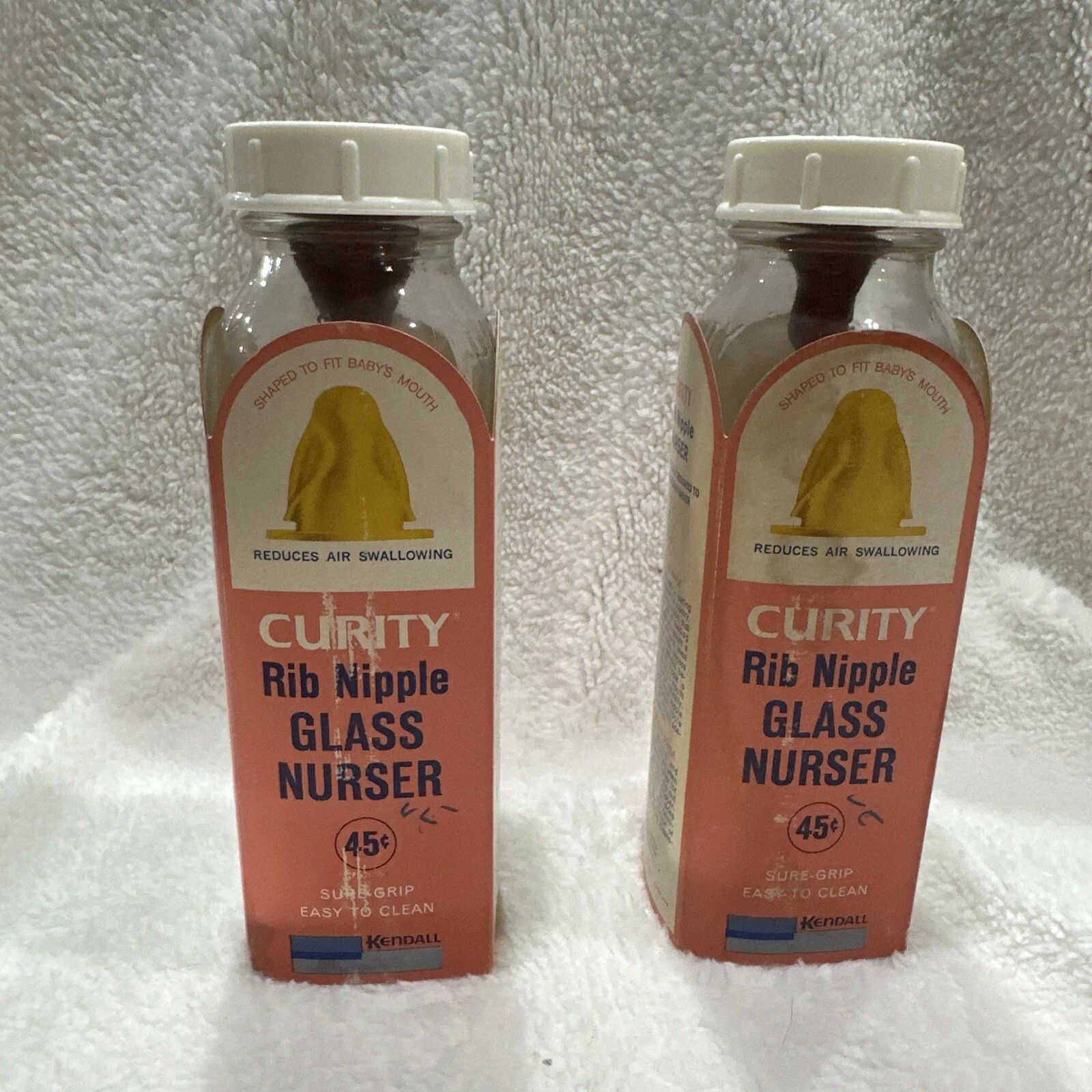 Lot Of 2 Vintage Curity Rib Nipple Glass Baby Bottle 8 Oz Kendall Antique