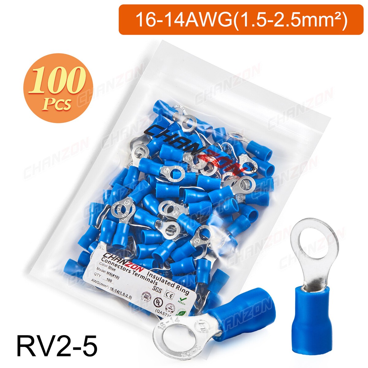 Heschen Ringkabelschuh-Crimpverbinder, Vinyl, geïsoleerde draad, elektrische stekker, RV2–6, Bolsengrootte 1/4 inch voor 1,5–2,5 mm² (16–14 AWG), Blauw, 100 stuks