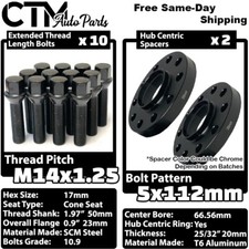 2x 20mm Thick 5x112 66.56mm Cb Wheel Spacer 14x1.25 Black Bolt Fit Latest Bmw