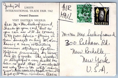 1962 Feria Internacional Lagos Owerri bailarines visitan Nigeria África postal - Imagen 2 de 2