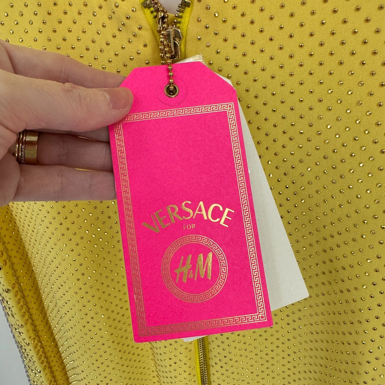 Versace H&M Mini Abito Donna 8 Seta Borchie Giallo Tubino Senza Schienale Zip Nuovo con etichette