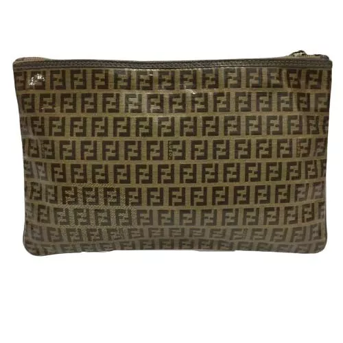 FENDI Zucca Clutch Bag PVC Leather Brown Color Women Zip Used