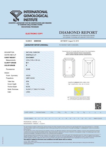 DIAMANT 0.34ct Emerald Cut SI1 River (E) IGI - Bild 1 von 2
