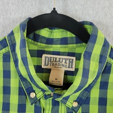 Duluth Trading Co Shirt Mens Medium Relaxed Fit Green and Blue Plaid Button Down
