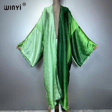 Africa Green Print Kimonos Long Dresses for Woman Cardigans Beach Outfits Kaftan