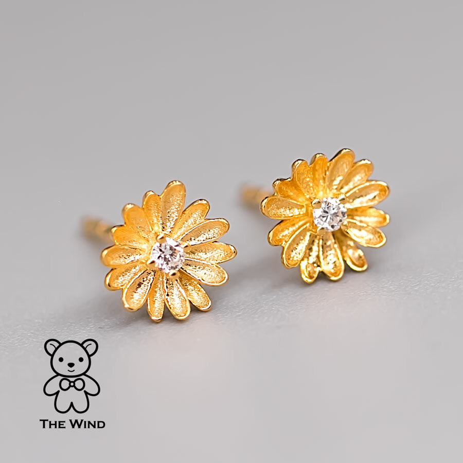 Small Diamond Marguerites Flower Stud Earrings 18K Yellow Gold Chrysanthemum eBay