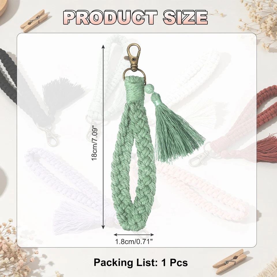 für Boho Macrame Schlüsselanhänger mit Charm, Hellgrün - Bild 2 von 4