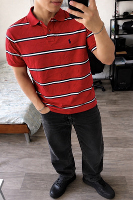 Polo Ralph Lauren Herren Polo Custom Fit XL rot/blau/weiß gestreift Piqué