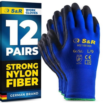 S&R Arbeitshandschuhe - 12 Paar, Nylon mit PU-Beschichtung, Größe L/9 - Schutzhandschuh...