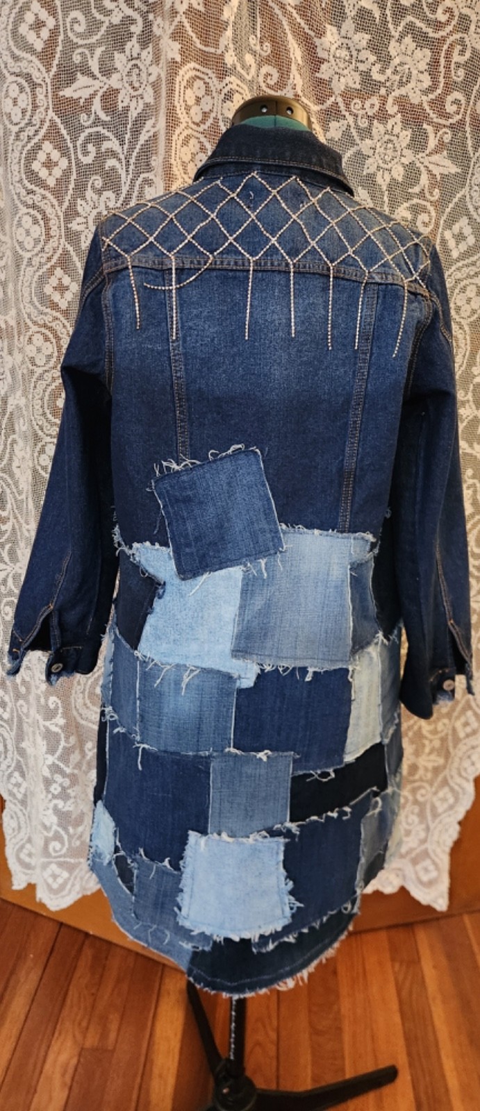 Upcycled Midi Denim Patchwork & Rhinestone Coat J… - image 5