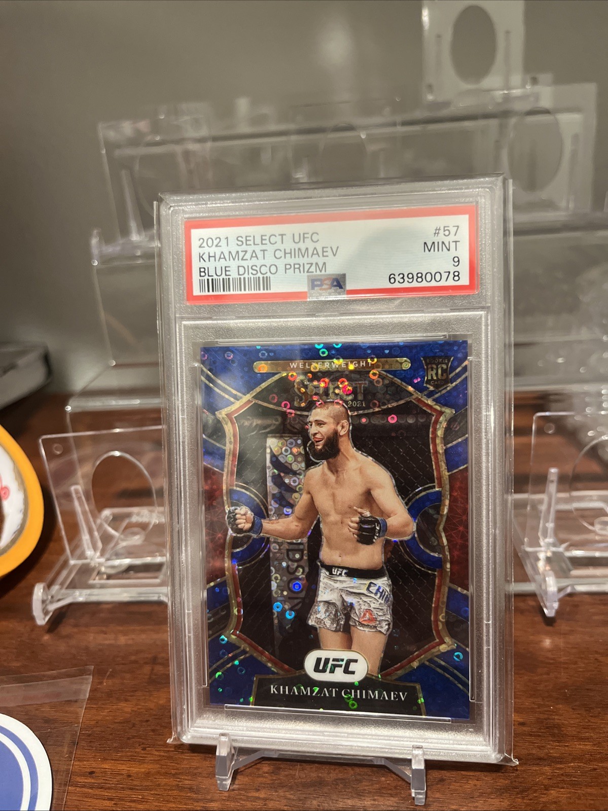 2021 Panini Select UFC Concourse Khamzat Chimaev Rookie Card Blue Disco /99 PSA9