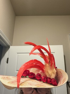 Red Wide-Brim Straw Sun Hat with Flower Accent Kentucky Derby Wide Brim Hat: Straw Hat With Red Silk Flower  main image 2