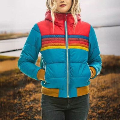 New Women's Casual Hooded Long Sleeve Cotton Jacket Rainbow Zipper Warm Coat