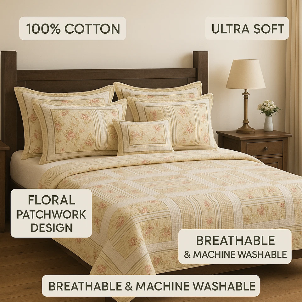 Edredón de algodón con retazos florales de colección de ropa de cama DaDa - Cabecero de madera rústico Foto 2 de 4