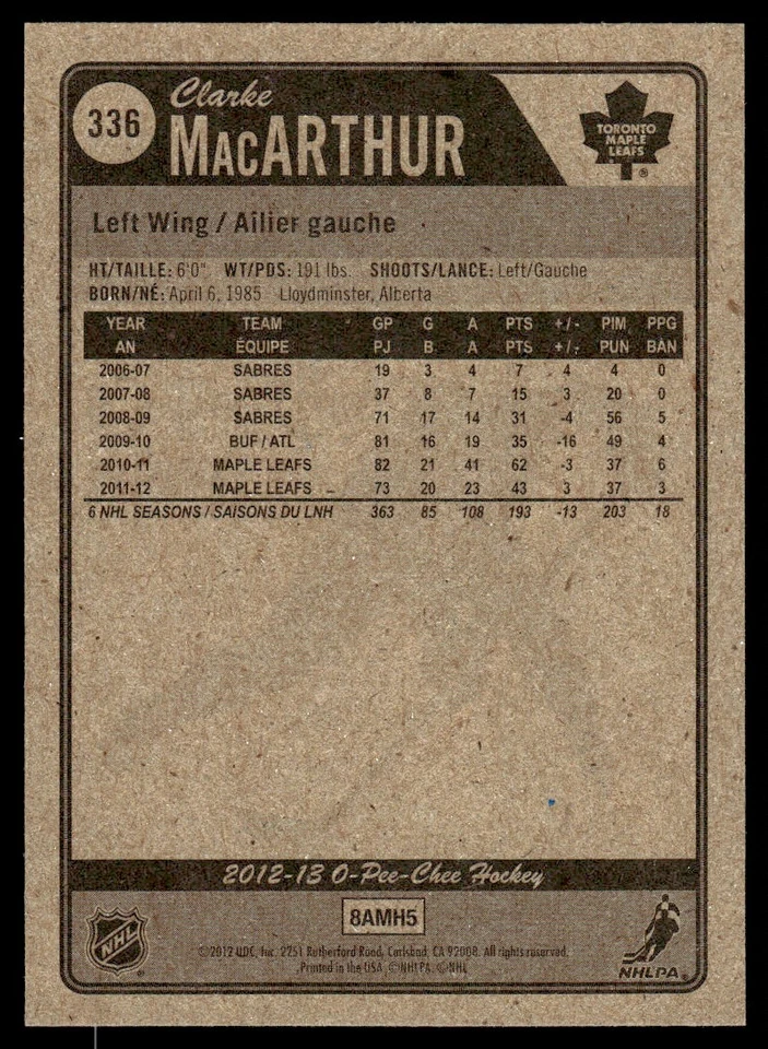 2012-13 O-Pee-Chee Red Clarke MacArthur Toronto Maple Leafs #336 - Image 2 of 2