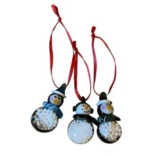 3 Hand Blown Glass 3D Penguin Snowman W/ Snow Filled Belly Christmas Ornaments