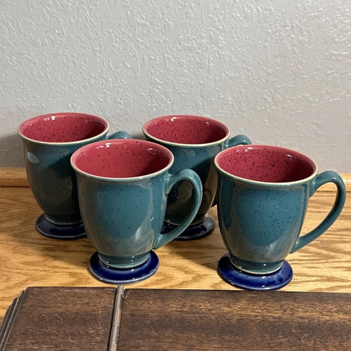 Set Of 4 Denby England Harlequin Stoneware Coffee Mugs Green Red Blue!
