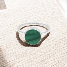 Natural Malachite Sterling Silver Mother Trendy Statement Bezel Ring Size 8.5