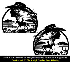Cowgirl Horse Ranch Two 6" Black Vinyl Decals Car Truck Window Any Flat Surface