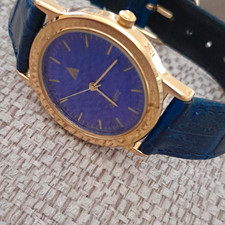 Mens Quartz Analogue Wristwatch 36mm Blue Dial Gold Tone Case Blue Strap