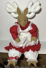 Vintage Handmade Christmas Plush Moose Red & White Dress 12” x 14” Wood Base