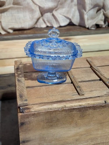 Vintage Indiana Glass Sky Blue Pedestal Lidded Compote Candy Dish Lace Edge
