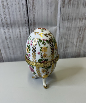 Porcelain Egg Trinket Box Multicolor Floral Gold Accent Footed Vintage