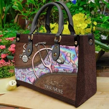 Personalized Pink Stethoscope Nurse Leather Handbag, Nurse Tool Leather Handbag