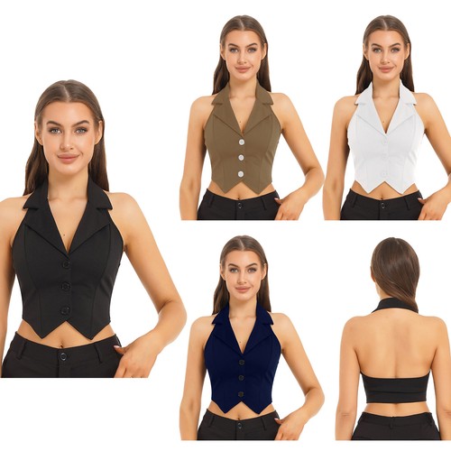 Damen Button Down Neckholder Weste Cropped Vielseitig Smoking Anzugweste Blazer - Bild 3 von 30
