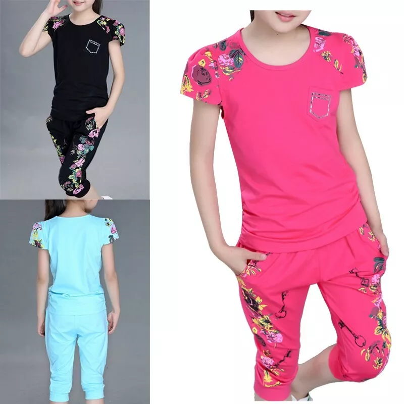 Girls Sport Outfits Cotton T-shirt + Long Pants Pockets Kids