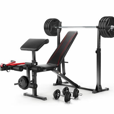 900LBS Adjustable Weight Bench with Barbell/Squat Rack, Leg Curl/Extension SALE!