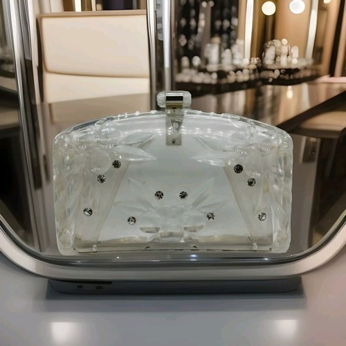 Vtg MCM Clear Lucite Clutch Carved Berries Cut Design Rhinestone Accents 7.25"