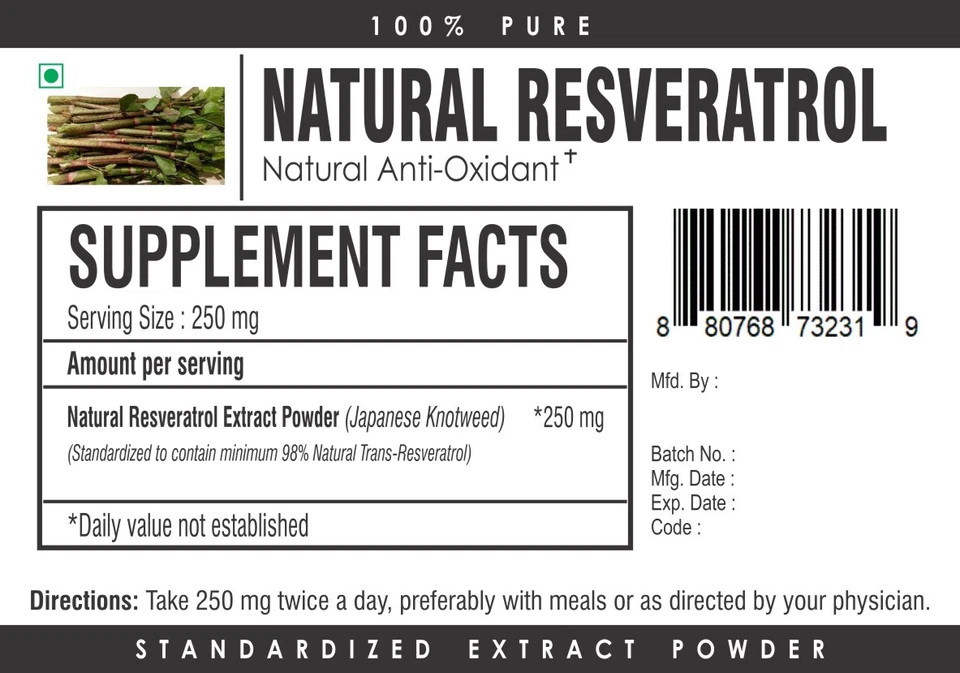 Trans Resveratrol Polvo 100% Puro Anti-Envejecimiento Antioxidante USP Máxima Pureza Foto 3 de 3