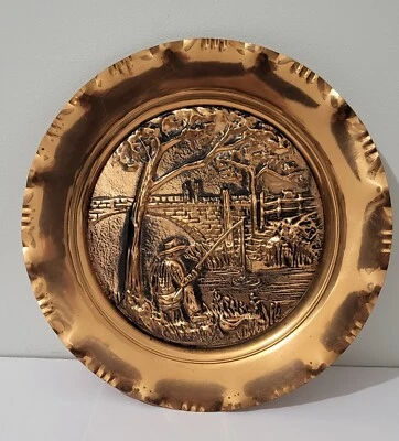 ASSIETTE DECORATIVE RONDE LONVAL EN CUIVRE 27CM VINTAGE ART DECO RETRO FAIT MAIN - Photo 1/4