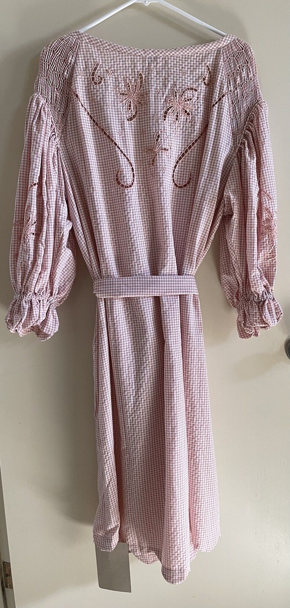 NWT Innika Choo Peach Gingham Cutwork Midi Smock Dress Size