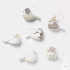 Featherly Friends Fabric Bird Christmas Tree Ornament 6pc - Neutral