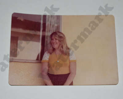 candid of cute chubby blonde woman in yellow top VINTAGE PHOTOGRAPH Fs