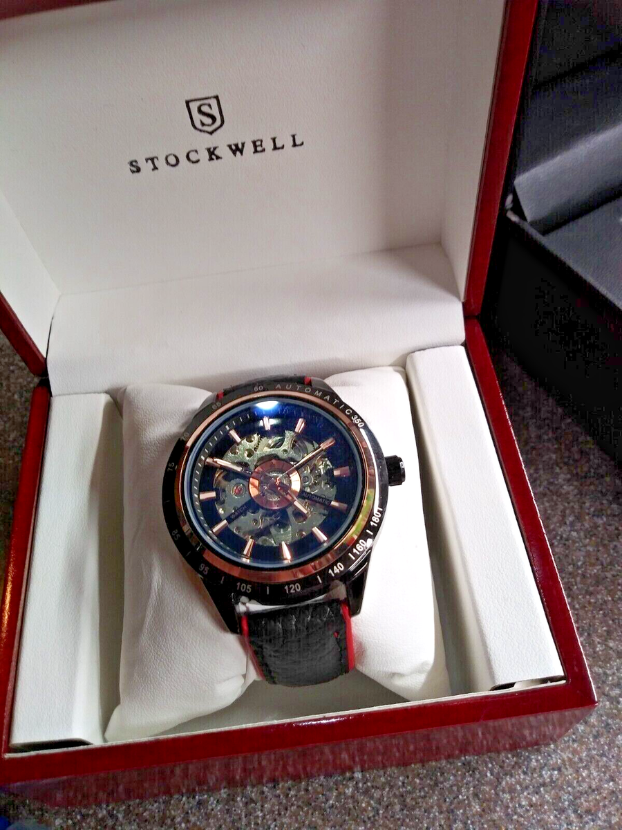 MENS STOCKWELL AUTOMATIC BLACK WATCH BLACK CASE AN DIAL GLASS BACK