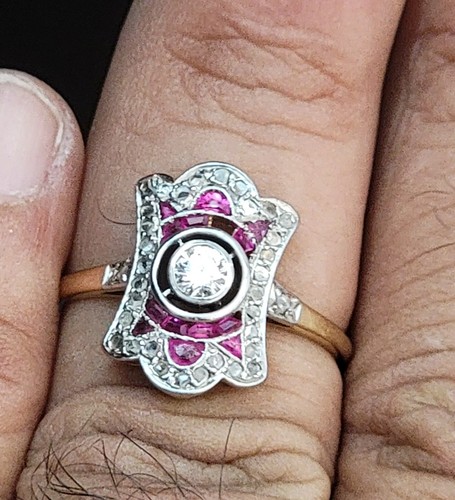 Gorgeous Antique Edwardian 18K Ruby& Rose Cut Diamonds Filigree Shield Ring 1910 - Picture 2 of 12