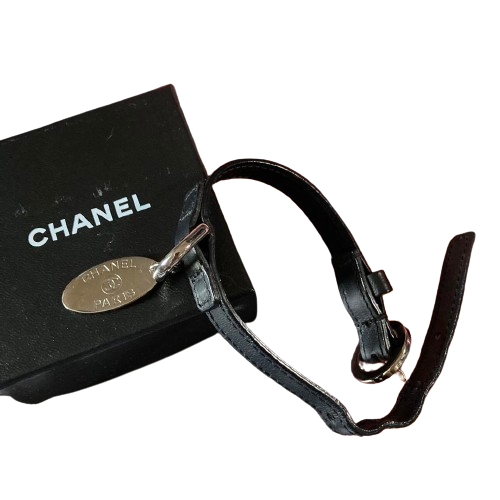 CHANEL dog collar dog tag coco mark silver charm black vintage - Afbeelding 1 van 7