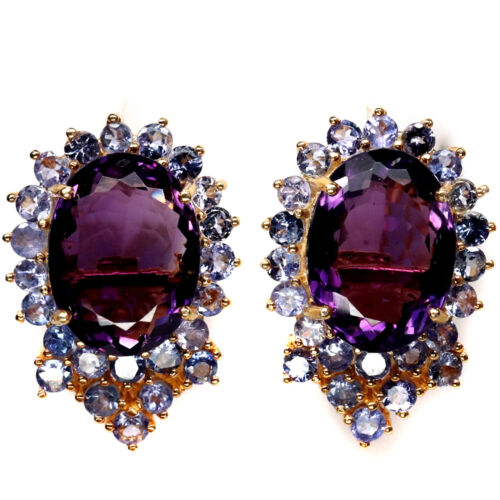 Un 13 X 17 MM. Oval Purple Amethyst & Blue Tanzanite Earrings 925 Silver - Picture 1 of 4