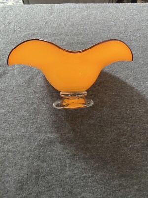 Vintage Art Glass Orange Ruffled Footed Pedestal Bowl