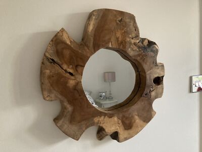 Teak Wurzel Wandspiegel Holz Baumscheibe rund rustikal Handarbeit Landhaus Deko 50cm