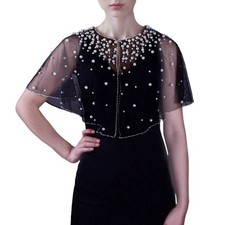 Women Bridal Shawl Studded Pearls Multipurpose for Wedding Dress Dark Sheer