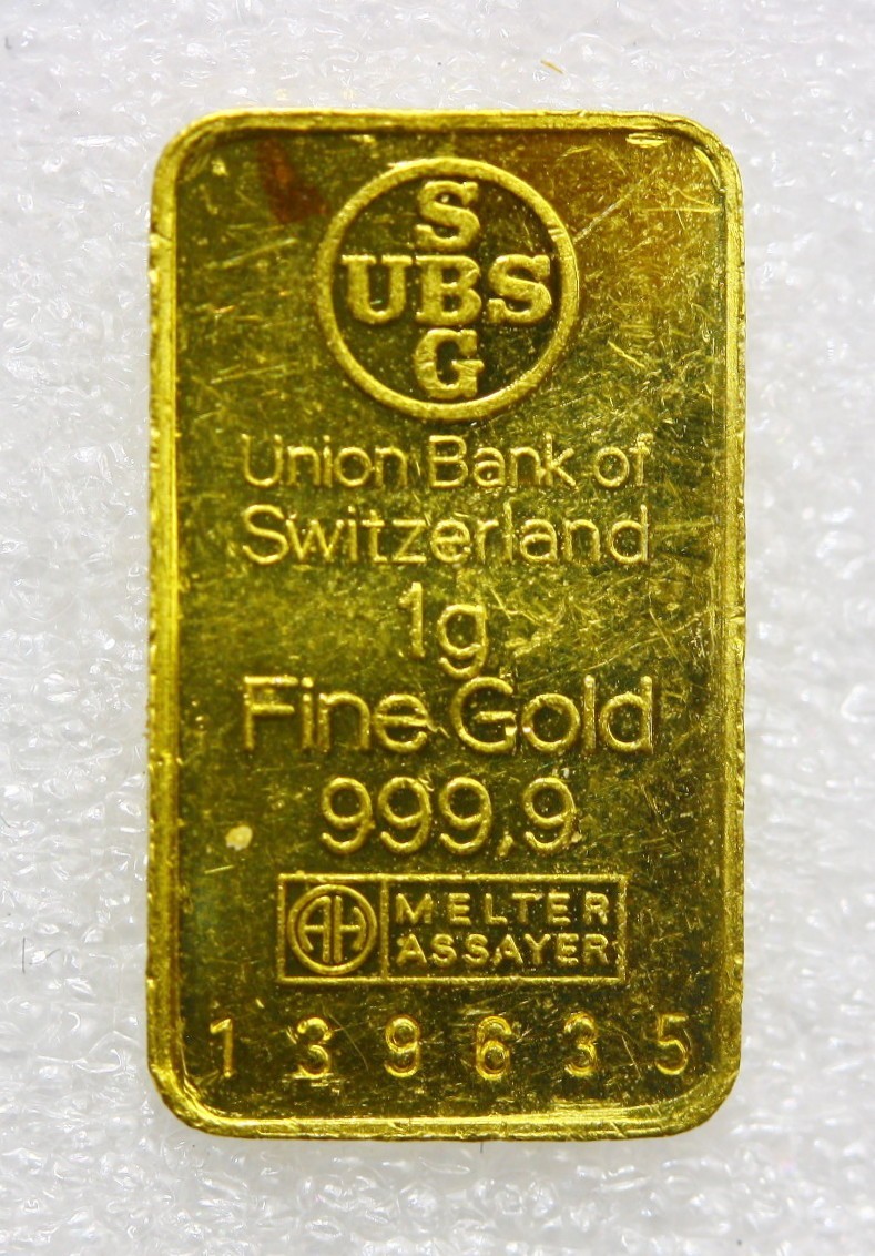 VINTAGE UBS SWISS UNION BANK OF SWITZERLAND GOLD BAR 1g 999.9 GOLD