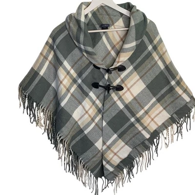 Brooks Brothers Ivory Gray Tan Plaid Fringe Poncho with Double Closure W-233 - Image 1 of 4