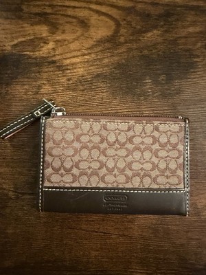 Coach Brown Beige Wristlet Wallet Logo Key Ring Credit Card Women's
