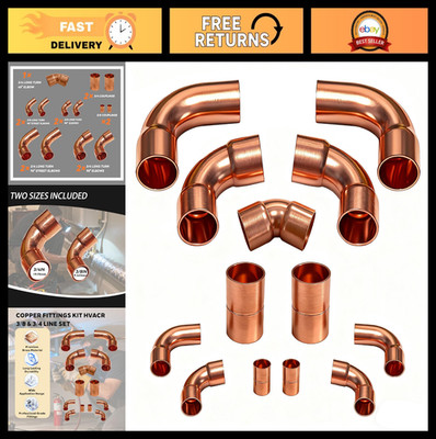 HVAC Copper Fittings Kit 3/8'' & 3/4'' - AC Line Set Couplings, Elbows & Tubing